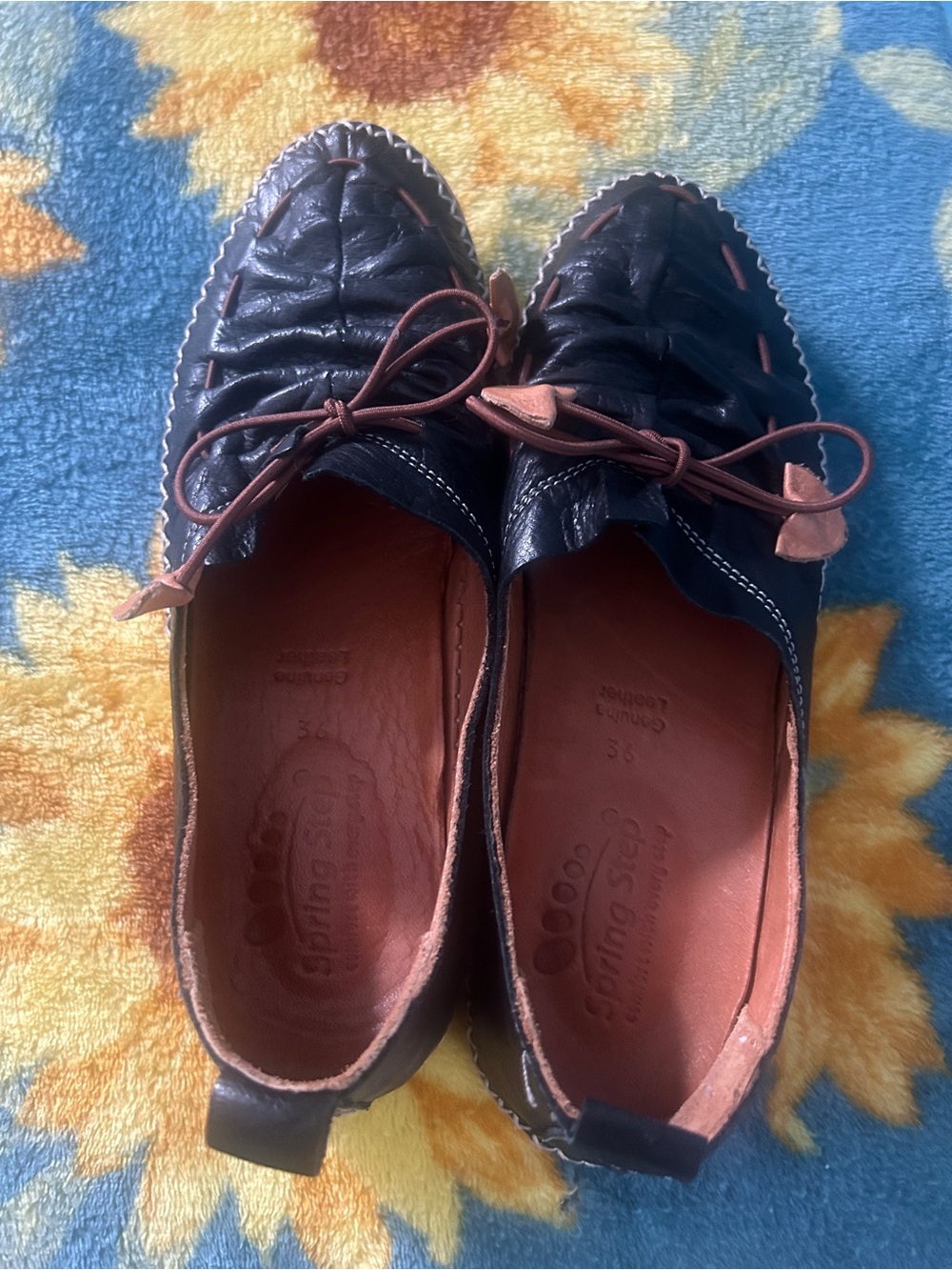 Spring Step Black Genuine Leather Women's Flats Shoes